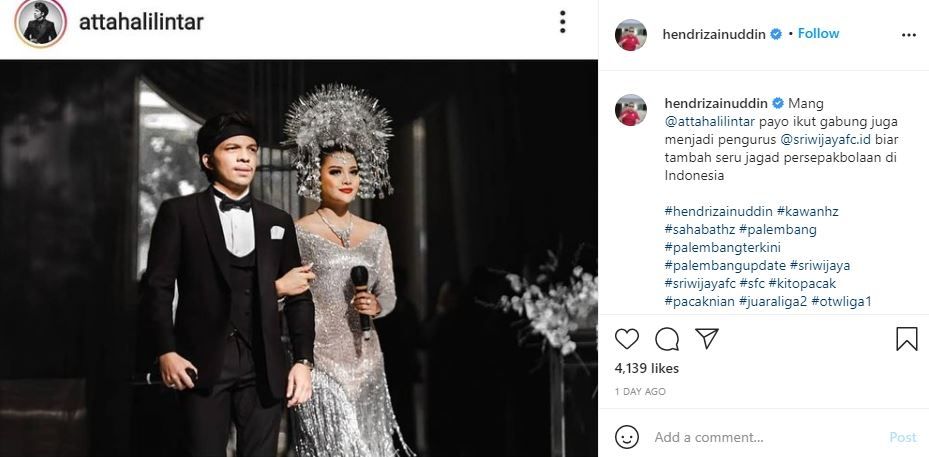 Presiden Sriwijaya FC, Hendri Zainudin merayu Atta Halilintar gabung dalam pengurus klub. (Instagram/hendrizainuddin)