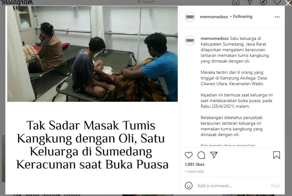 Sekeluarga keracunan makan tumis kangkung pakai oli (IG)