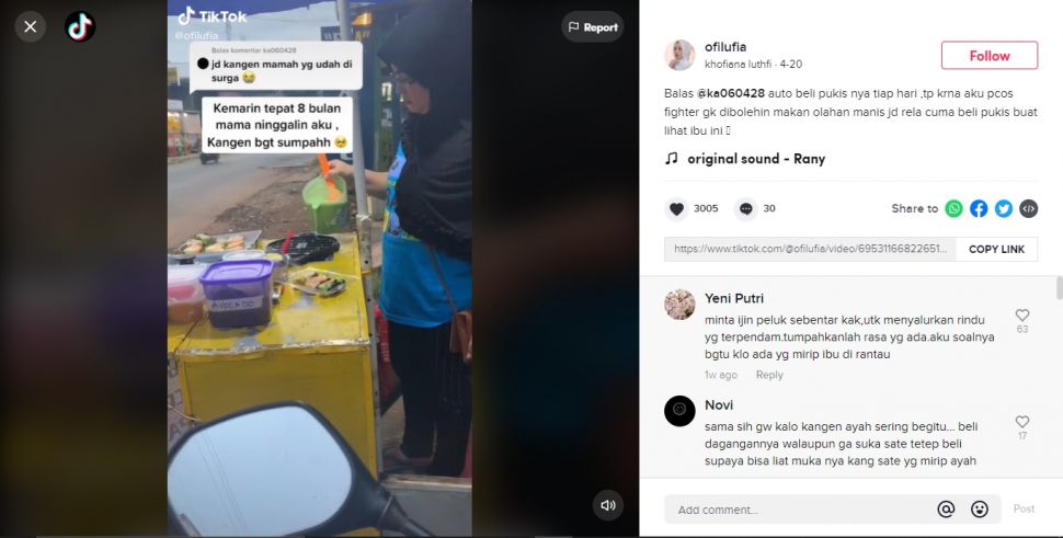 Rela beli makanan terlarang demi ketemu ibu penjual mirip ibu (TikTok).