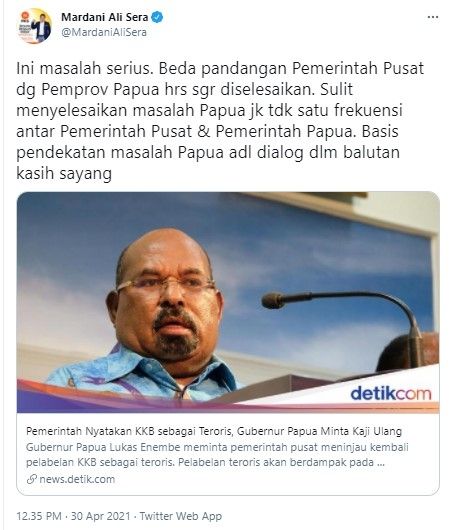 Komentar Mardani Ali soal sikap Gubernur Papua menolak KKB sebagai teroris (Twitter)