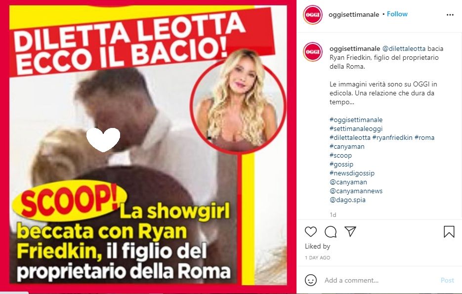 Diletta Leotta tertangkap kamera sedang ciuman dengan putra pemilik AS Roma. (Instagram/oggisettimanale)