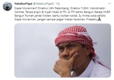 Tweet Natalius PIgai soal Munarman 