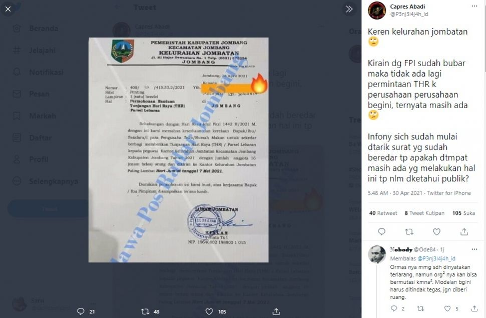 Surat berkop kelurahan di jombang minta THR (Twitter)