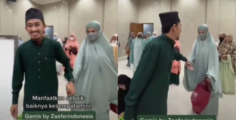 Ustadz Syam gandeng tangan istri usai salat di masjid (TikTok).