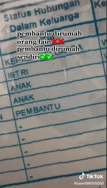 Curhat anak ditulis pembantu di Kartu Keluarga. (Tiktok/@user686105050)