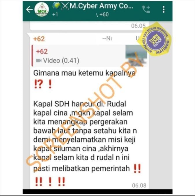 Cek fakta KRI Nanggala-402 ditembak rudal kapal China (Turnbackhoax.id).