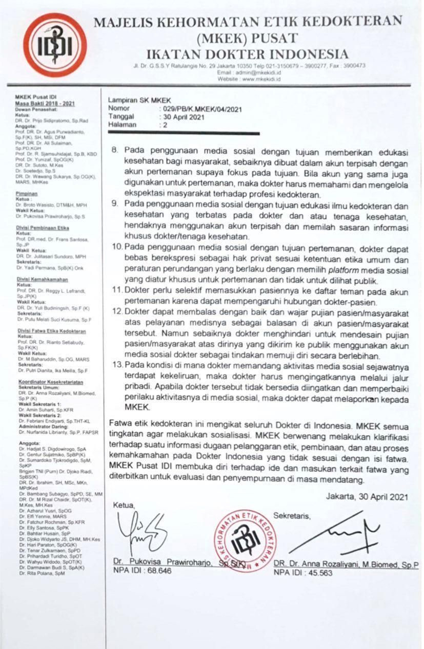 Fatwa Etik Dokter dalam Aktivitas Media Sosial. (Dok. MKEK IDI)