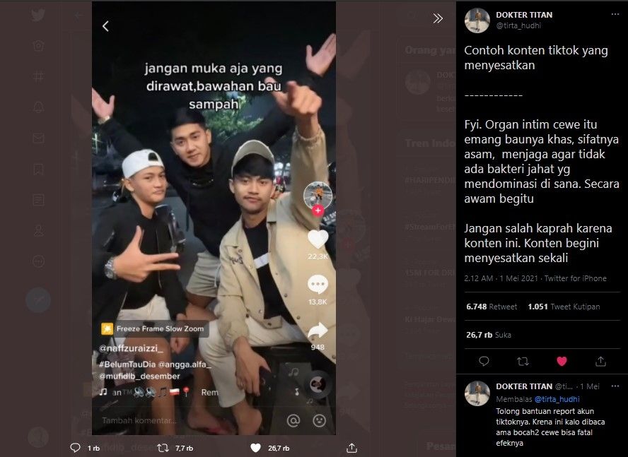 Pengguna TikTok menyindir bau vagina (Twitter/@tirta_hudhi)