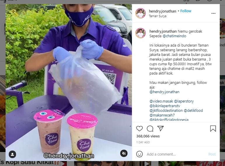  Viral Gerobak Chatime di Pinggir Jalan, Mirip Orang Jualan Es Krim. (Instagram/@hendry.Jonathan)