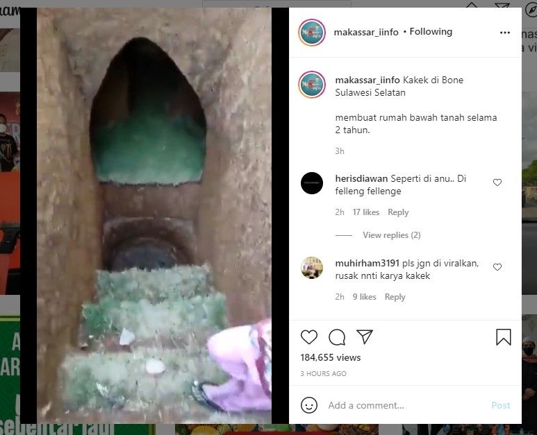 Kakek di Bone bangun rumah bawah tanah seorang diri (IG/makassar_iinfo) nbk,, 