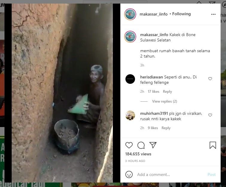 Kakek di Bone bangun rumah bawah tanah seorang diri (IG/makassar_iinfo) nbk,, 