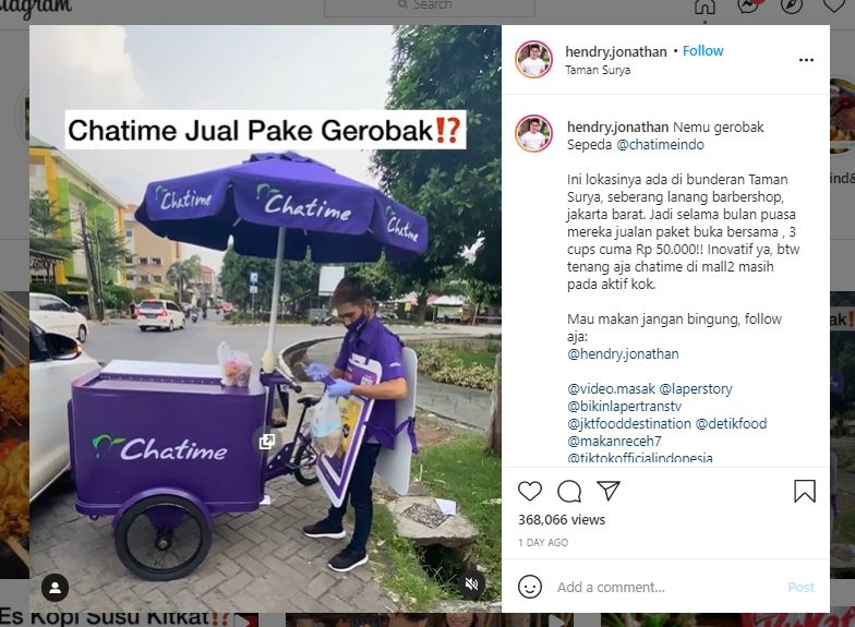  Viral Gerobak Chatime di Pinggir Jalan, Mirip Orang Jualan Es Krim. (Instagram/@hendry.Jonathan)