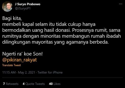 Cuitan Anak Buah Prabowo Soal Rumitnya Beli Kapal Selam. (Twitter/@JSuryoP1)