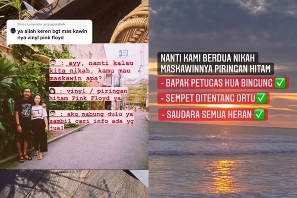 Viral Pasangan Nikah Mahar Piringan Hitam Pink Flyod. (TikTok/@ittamukti)