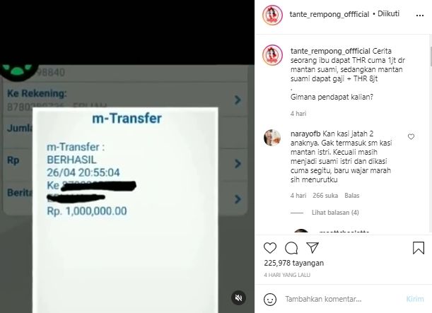 Wanita ngeluh dikasih THR mantan suami cuma Rp 1 Juta (Instagram).