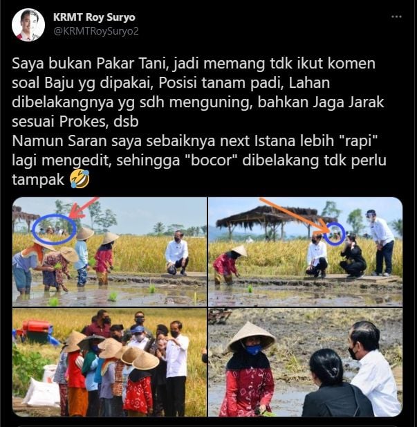 Roy Suryo komentari foto Jokowi dan Puan tinjau panen petani (Twitter).