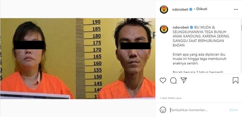 Balita dianiaya ibu kandung dan selingkuhan karena mengganggu berhubungan intim (Instagram/ndorobeii).