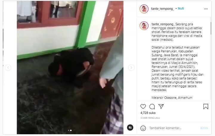 pria meninggal saat salat jumat [Instagram Tante_Rempong]