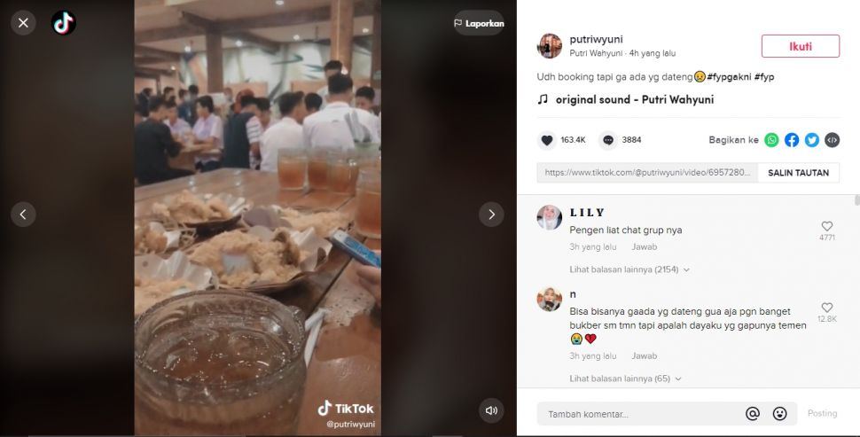 Booking makanan buat bukber alumni, lama menunggu teman tak datang (TikTok).