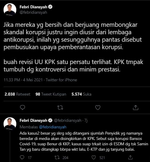 Cuitan Febri Diansyah; (Twitter)