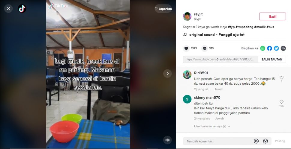 Lagi mudik beli makan di pinggir jalan, total harga bikin rombongan syok (TikTok).
