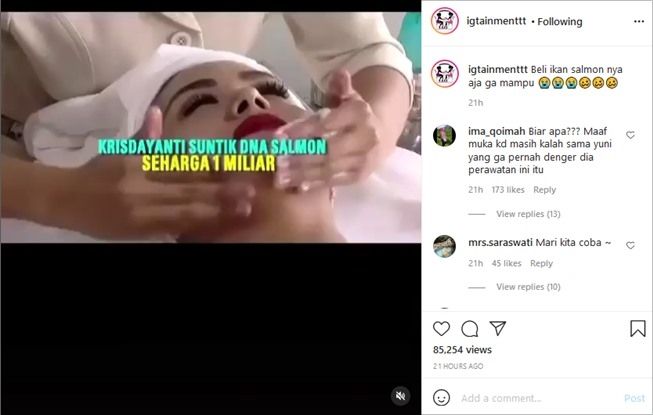 Komentar warganet soal Krisdayanti suntik DNA salmon Rp1 miliar. (Instagram/@igtainmenttt)