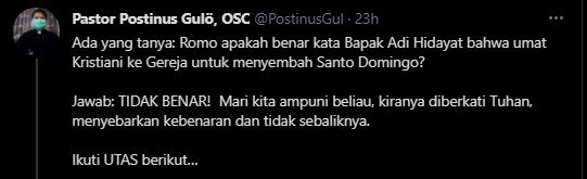 Cuitan Pastor Postinus Gulö. (Twitter/@PostinusGul)