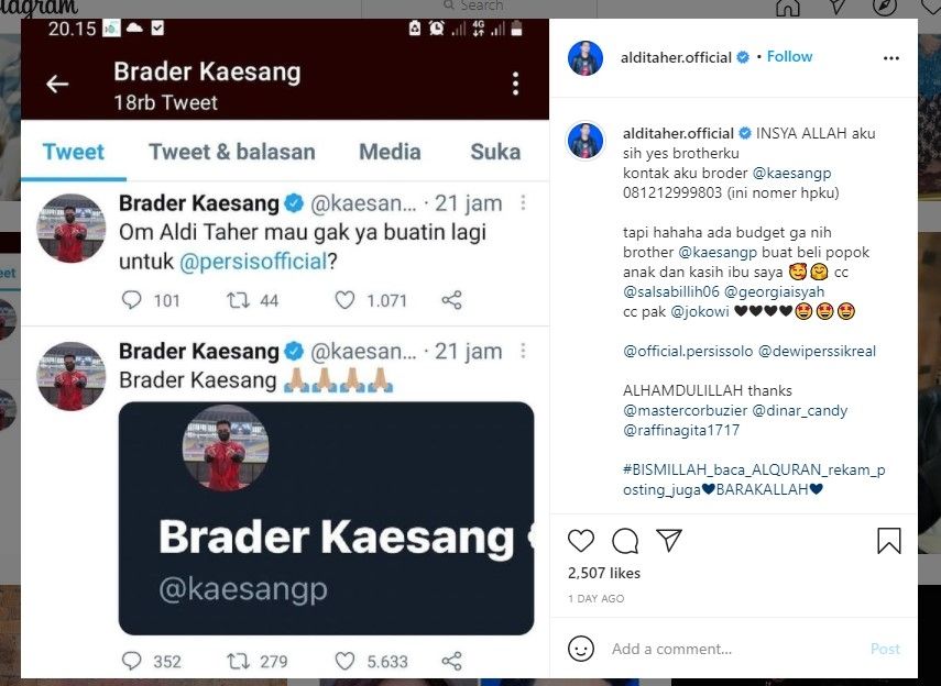 Aldi Taher tanya honor buat lagu Persis Solo ke Kaesang (IG/alditaher.official)