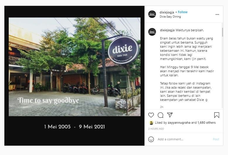 Dixie Jogjakarta pamit undur diri (Instagram @dixiejogja)