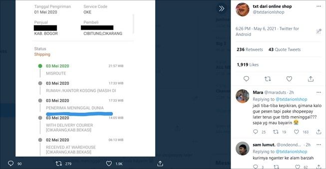 Viral Status Pengiriman Paket Tak Biasa, Kolom Penerimanya Bikin Ingat Maut. (Twitter/@txtdarionlshop)