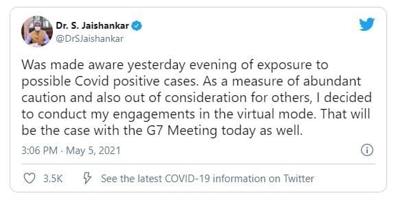 Unggahan Menlu India terkait pertemuan G7. (Twitter/@DrSJaishankar)