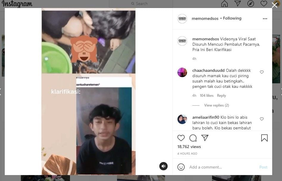 Klarifikasi video viral cowok cuci pembalut bekas (IG/memomedsos)