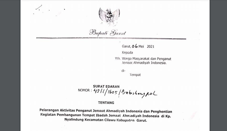  Surat Edaran tentang Pelarangan Aktivitas Penganut Jemaat Ahmadiyah Indonesia dan Penghentian Kegiatan Pembangunan Tempat Ibadah Jemaat Ahmadiyah Indonesia di Kampung Nyalindung, Kecamatan Cilawu, Kabupaten Garut. [Istimewa]