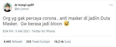 Tompi merasa bodoh tahu orang antimasker jadi duta prokes (Twitter/dr_tompi)