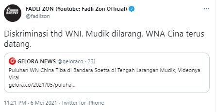 Komentar Fadli Zon soal WNA China masuk RI disaat larangan mudik (Twitter/fadlizon)