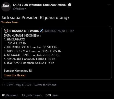 Menyindir, Fadli Zon Tanya Siapa Presiden RI Jago Utang Sambil Bagi Jawaban. (Twitter/@fadlizon)