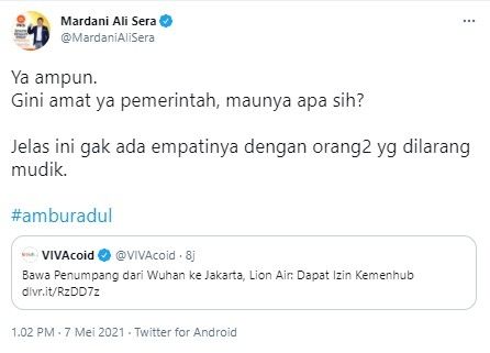 Mardani kritik Kemenhub izinkan rute Wuhan-Jakarta (Twitter/mardanialisera)