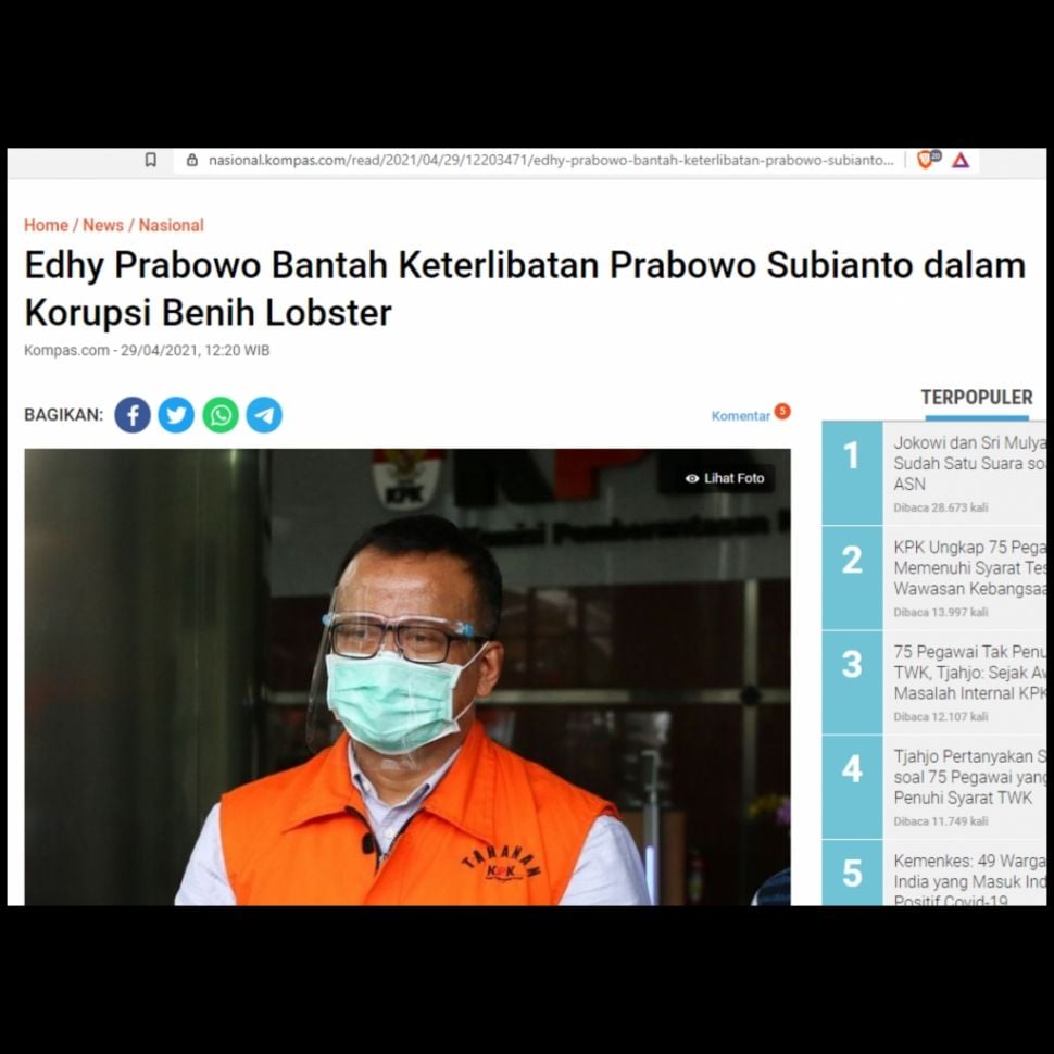 Fakta Prabowo ditangkap KPK terlibat korupsi benih lobster (Turnbackhoax.id)