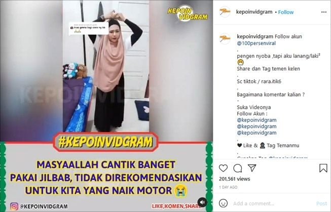 Viral Tutorial Pakai Hijab Kekinian, Warganet: Yang Naik Motor Jangan Coba. (Instagram/@kepoinvidgram)