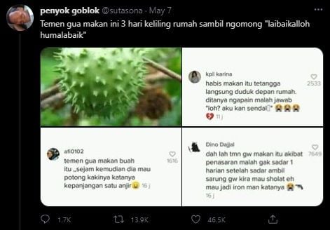 Ramai Testimoni Efek 'Gila' Makan Kecubung. (Twitter/@Sutasona)