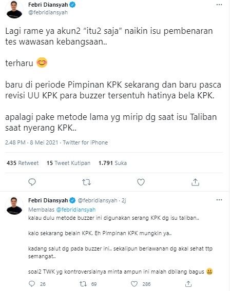 Febri Diansyah sindir buzzer baru kali ini dukung KPK (Twitter/febridiansyah)