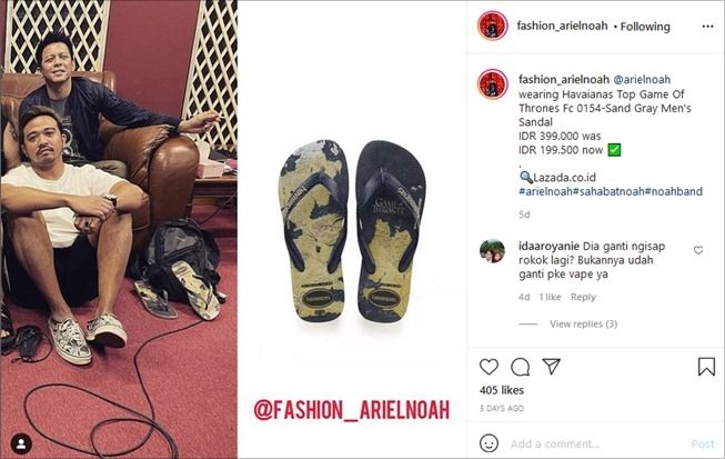 Sandal Jepit Ariel NOAH Nyaris Rp400 Ribu, Malah Diejek Mirip Sandal Toilet. (Instagram/@fashion_arielnoah)