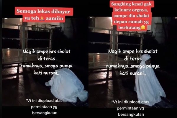 Kisah Wanita Tagih Utang Sampai Salat di Depan Rumah Pengutang. (TikTok/@krisnamukti84)