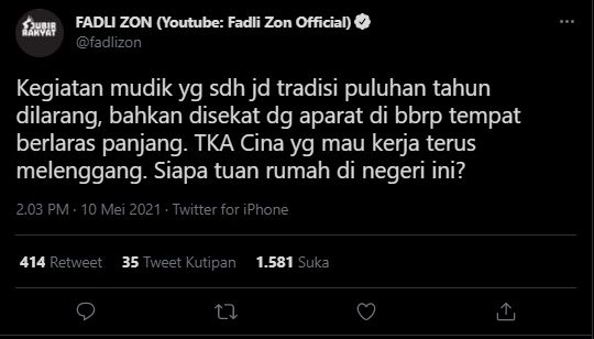 Cuitan Fadli Zon. (Twitter)