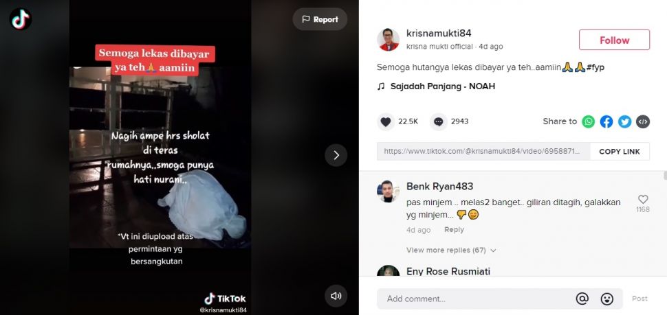 Kisah Wanita Tagih Utang Sampai Salat di Depan Rumah Pengutang. (TikTok/@krisnamukti84)