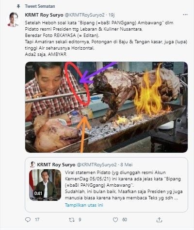 Beredar foto Jokowi makan babi panggang. Namun, Foto tersebut hasil editan.