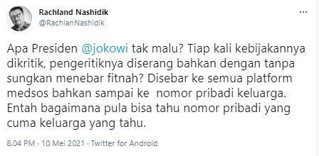 Rachland Nashidik sindir pengkritik pemerintah selalu diserang (Twitter/rachlannashidik)