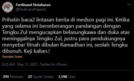 Ferdinand Hutahaean Ngamuk Dengar Isu Tengku Zulkarnain Tewas Dibunuh. (Twitter/@FerdinandHaean3)