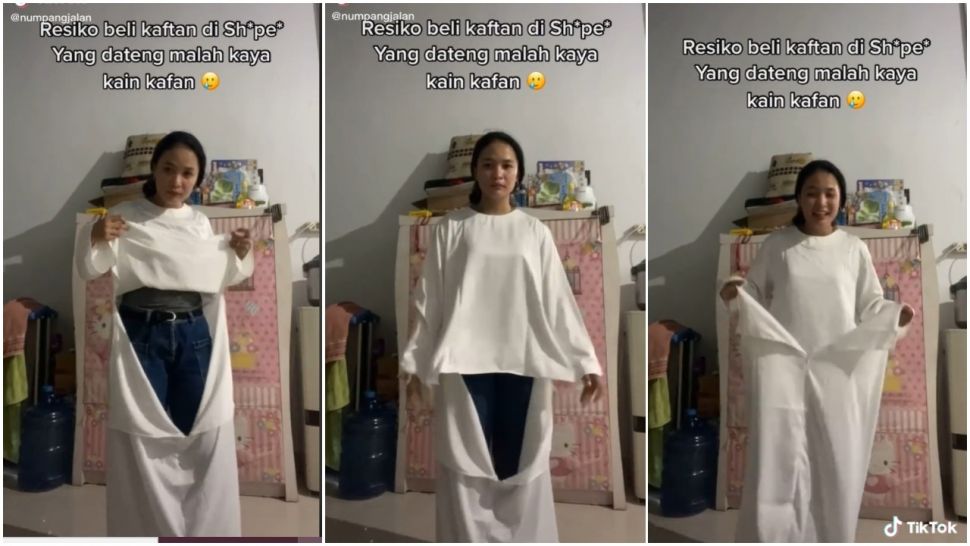 Beli Baju Kaftan Online Buat Lebaran, Pas Dateng Malah Mirip Kain Kafan (TikTok/Numpangjalan)