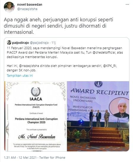 Novel merasa aneh perjuangan lawan korupsi dimusuhi negara sendiri (Twitter)